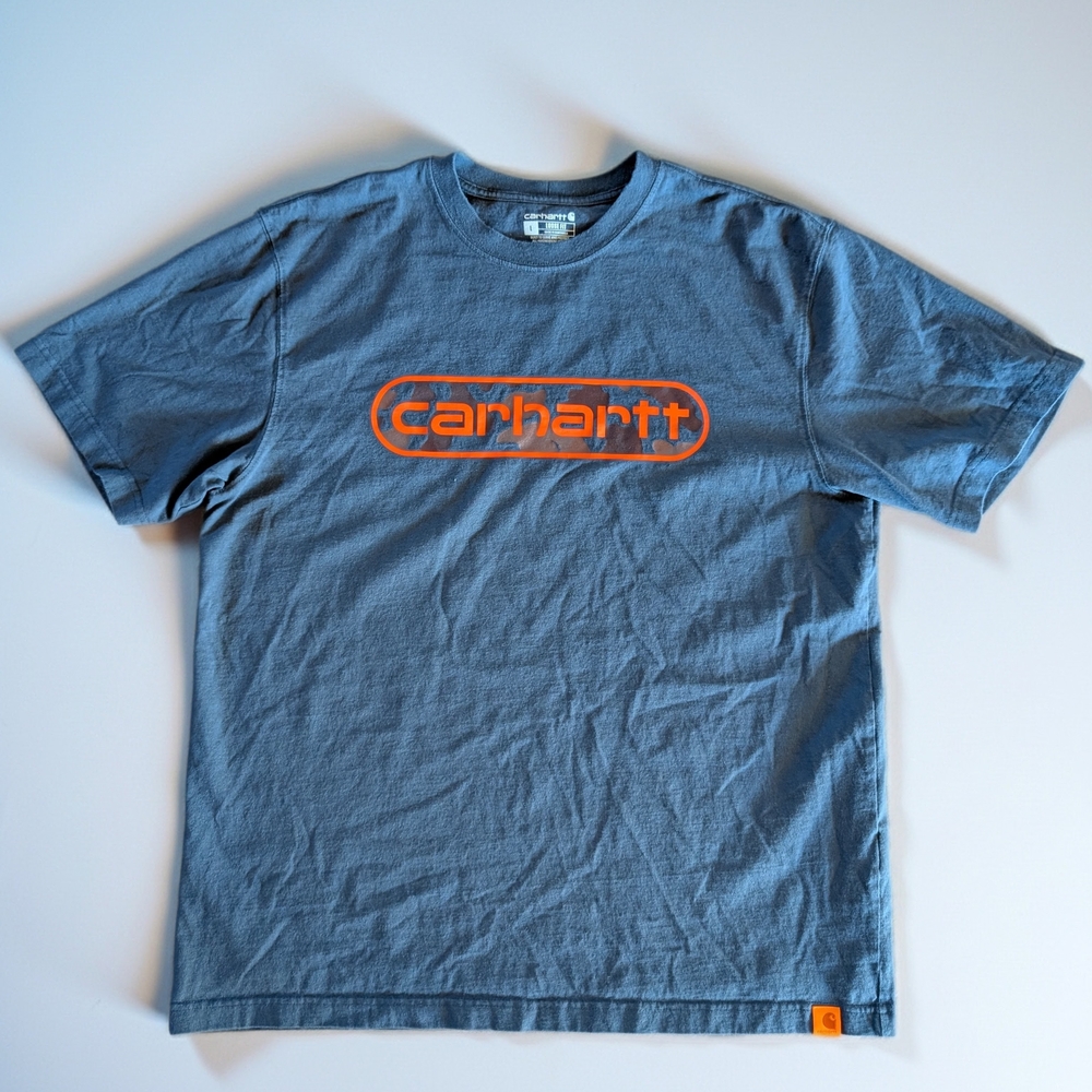 Carhartt Loose Fit Men's Blue With Orange Camo Logo T-Shirt Size Large